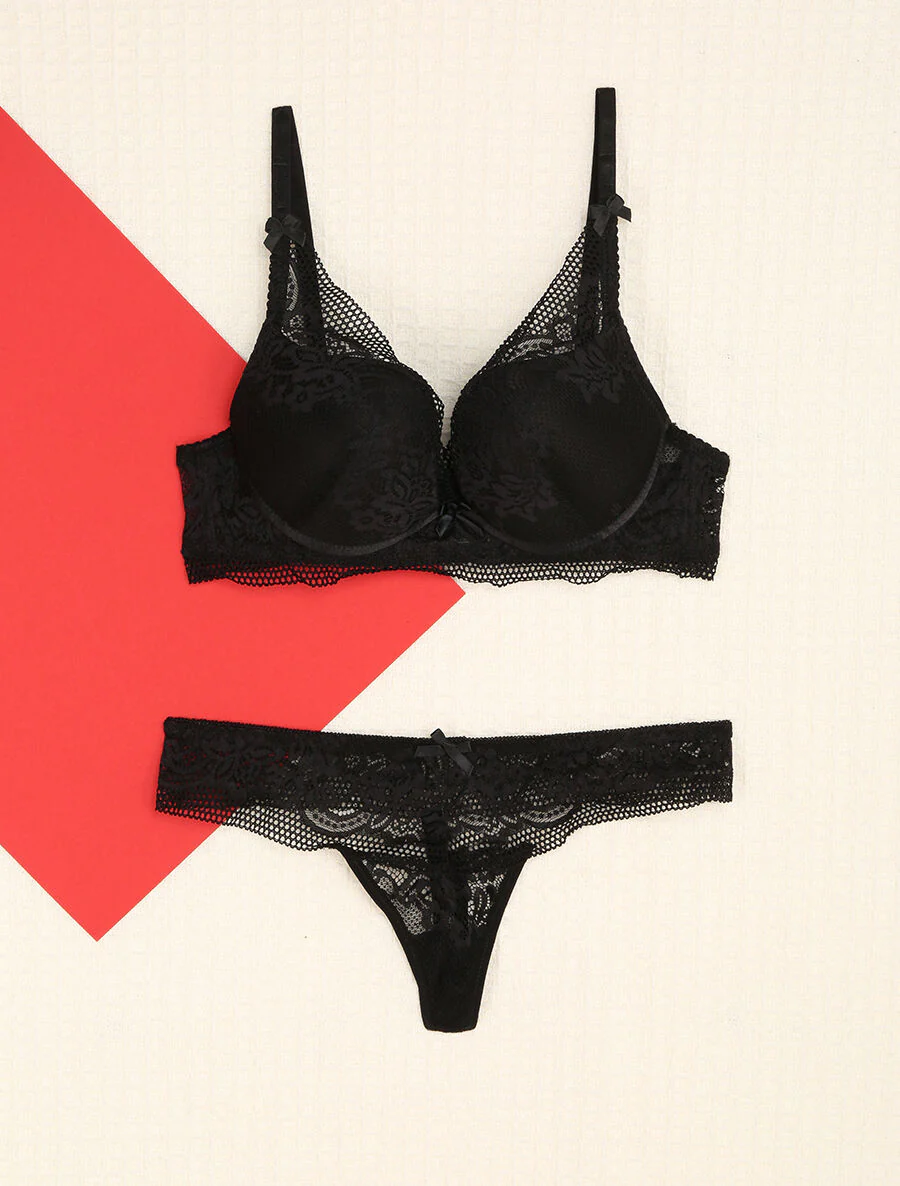 Ensemble en dentelle fleurie à détail noeud - Noir