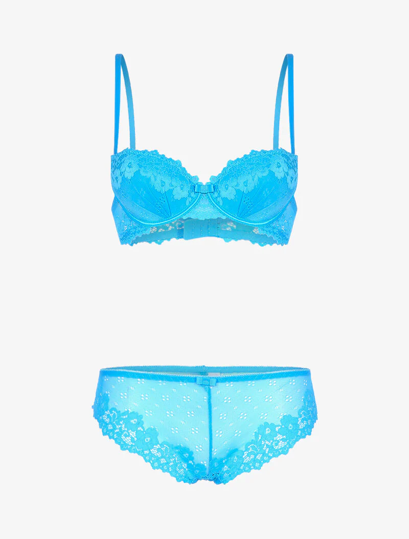 Ensemble en dentelle fleurie ajourée - bleu