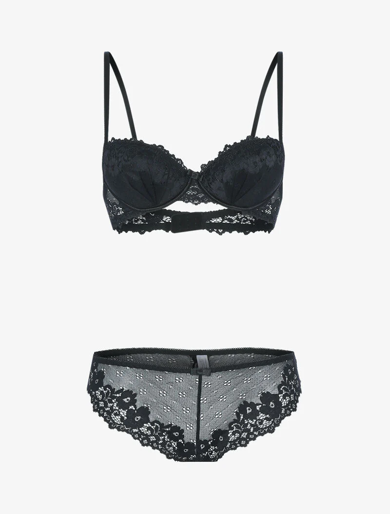 Ensemble en dentelle fleurie ajourée - noir