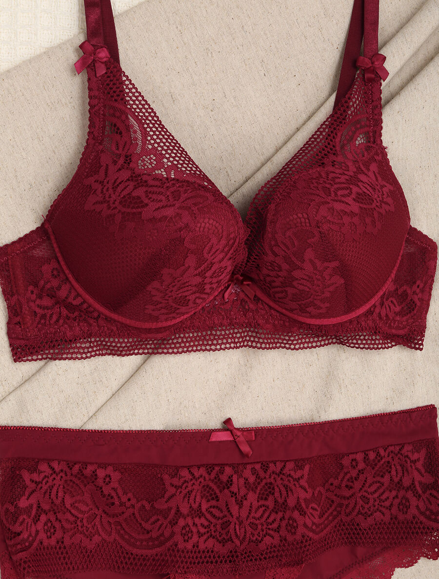 Ensemble en dentelle fleurie - Bordeaux - Image 3