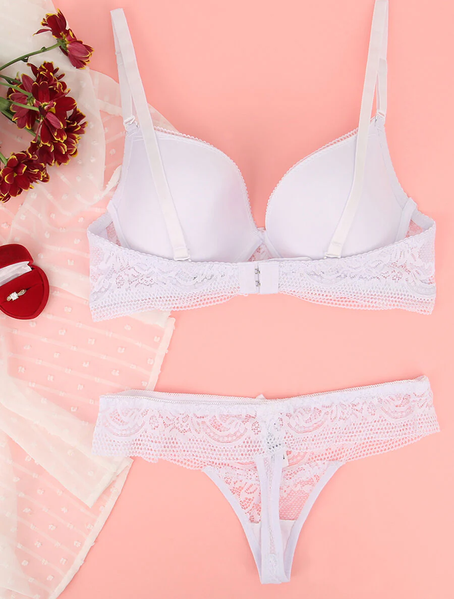 Ensemble en dentelle fleurie et détail noeud - Blanc - Image 2