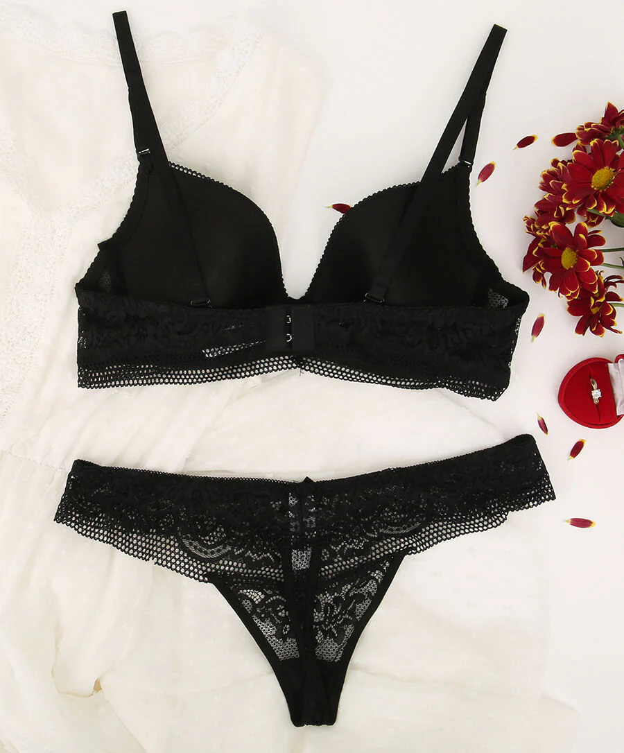 Ensemble en dentelle fleurie et détail noeud - Noir - Image 2