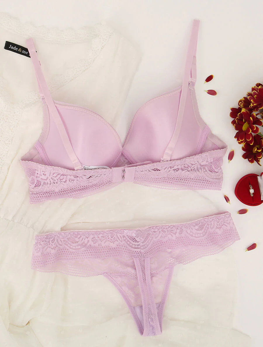 Ensemble en dentelle fleurie et détail noeud - Lilas - Image 2