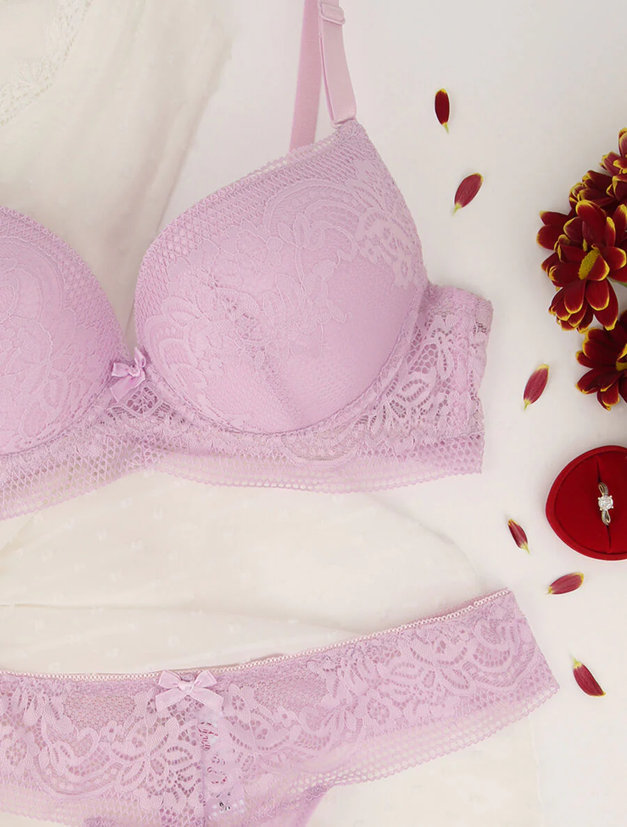 Ensemble en dentelle fleurie et détail noeud - Lilas - Image 3
