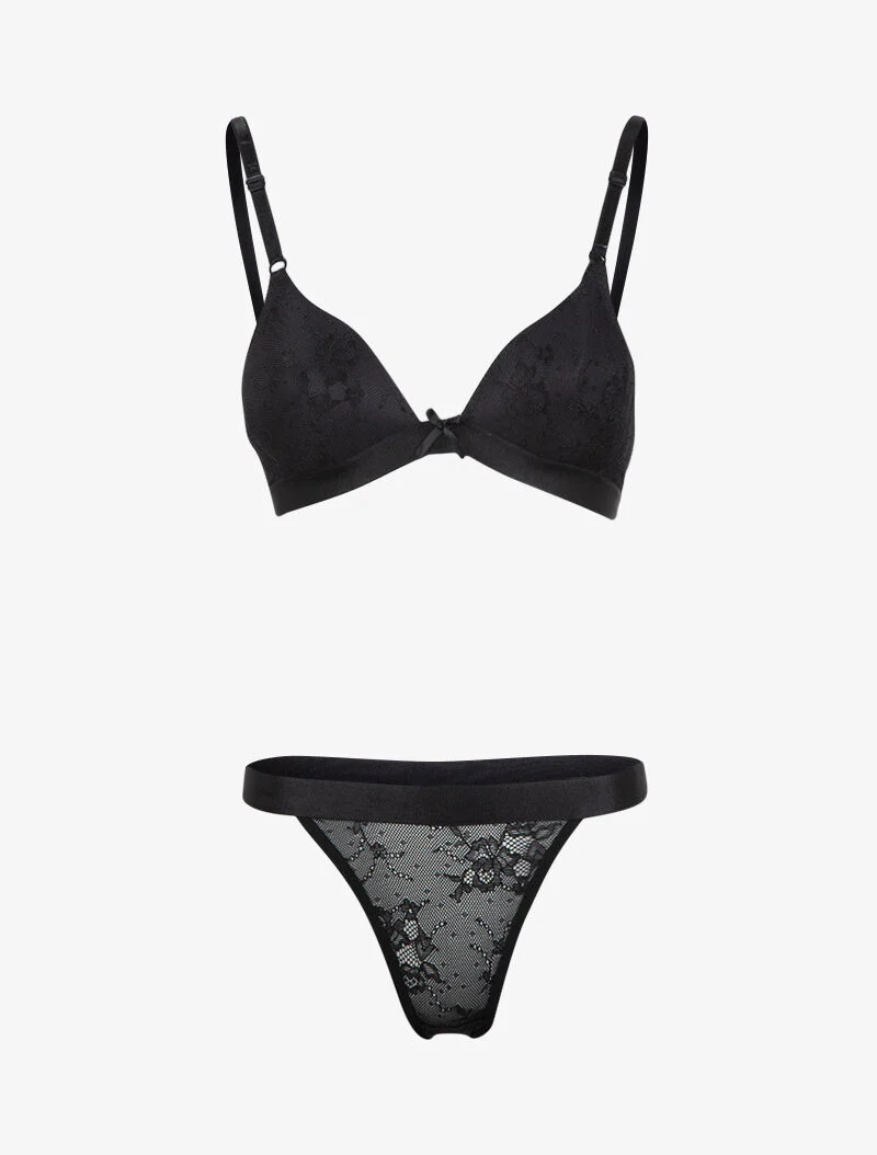 Ensemble en dentelle fleurie et résille - noir