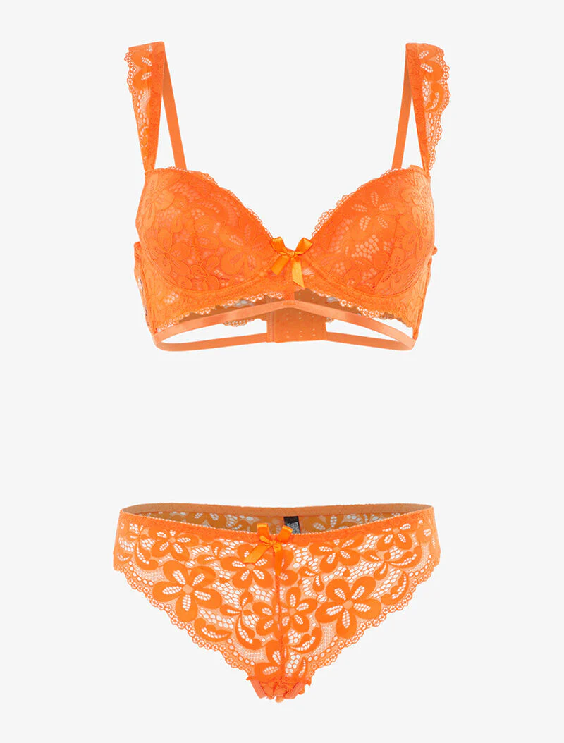 Ensemble en dentelle motifs fleurs - orange