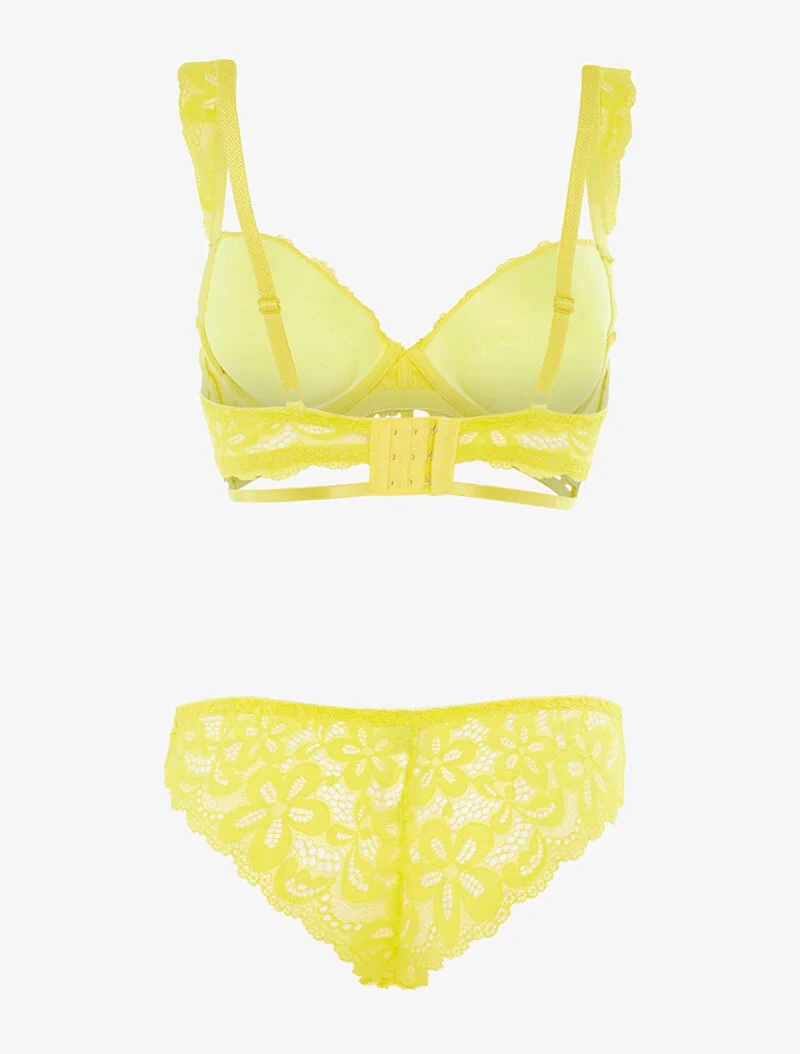 Ensemble en dentelle motifs fleurs - jaune fluo - Image 2