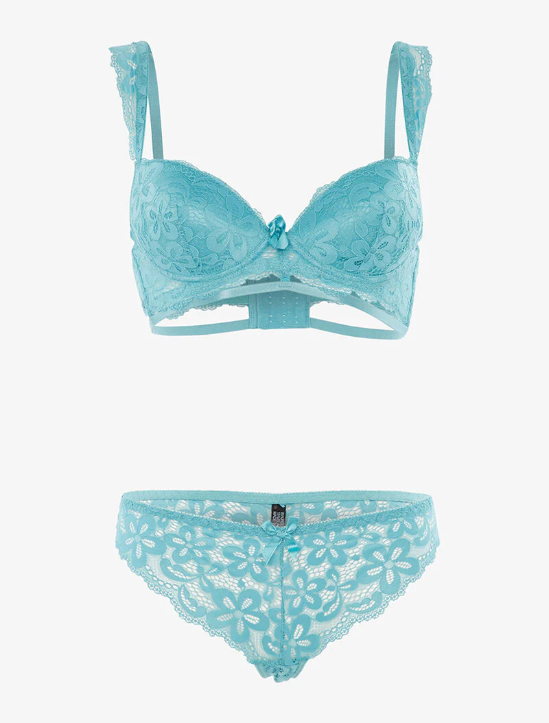 Ensemble en dentelle motifs fleurs - turquoise