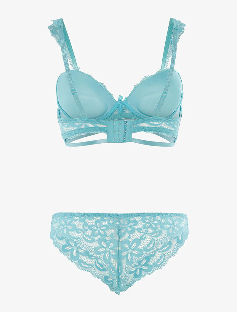 Ensemble en dentelle motifs fleurs - turquoise - Image 2