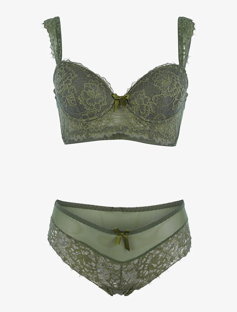 Ensemble en résille et dentelle fleurie - kaki
