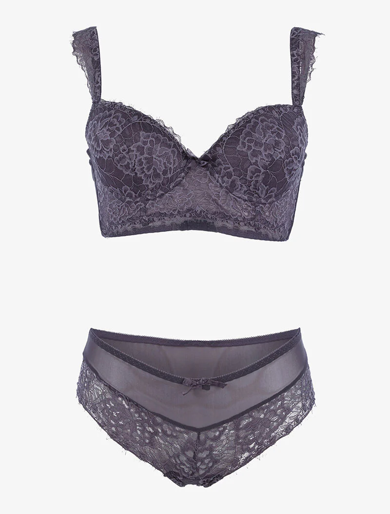 Ensemble en résille et dentelle fleurie - gris foncé
