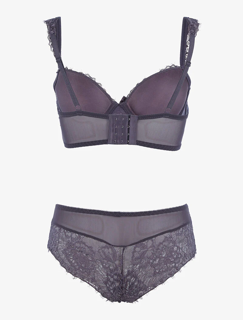 Ensemble en résille et dentelle fleurie - gris foncé - Image 2