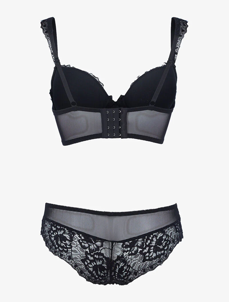Ensemble en résille et dentelle fleurie - noir - Image 2