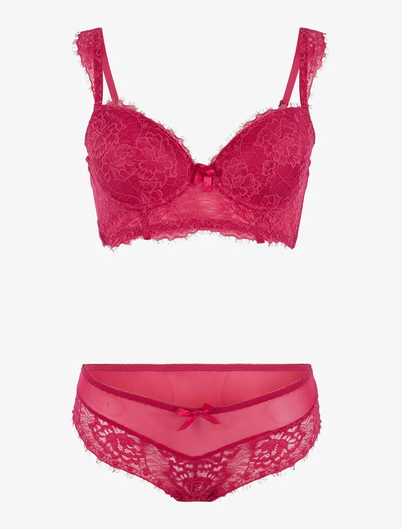 Ensemble en résille et dentelle fleurie - rouge framboise - rouge