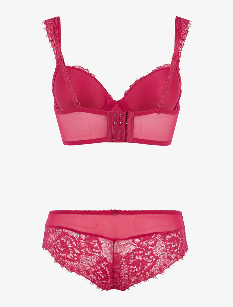 Ensemble en résille et dentelle fleurie - rouge framboise - rouge - Image 2