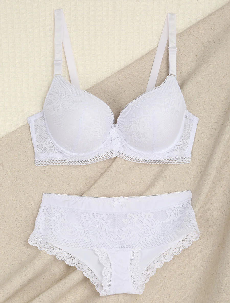 Ensemble grande taille en dentelle fleurie - Blanc