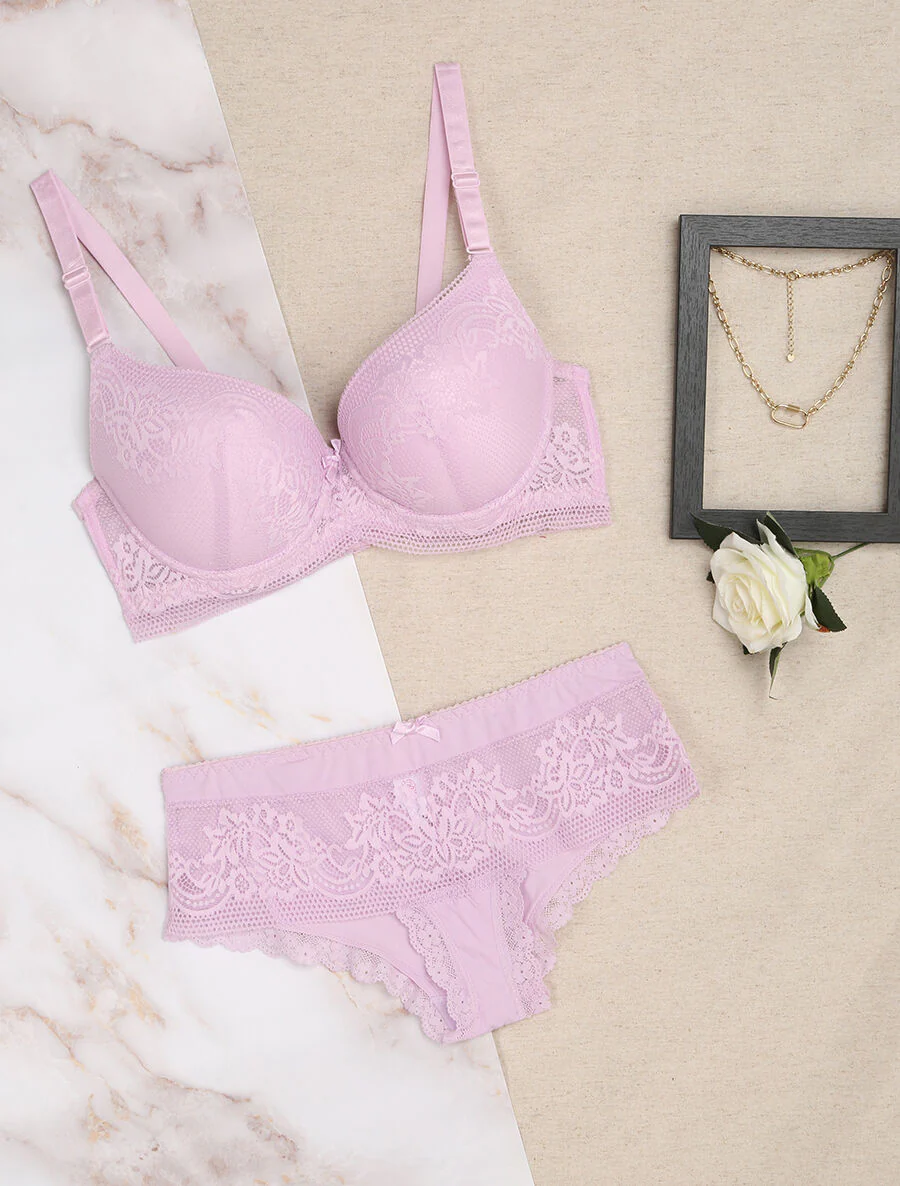 Ensemble grande taille en dentelle fleurie - Lilas