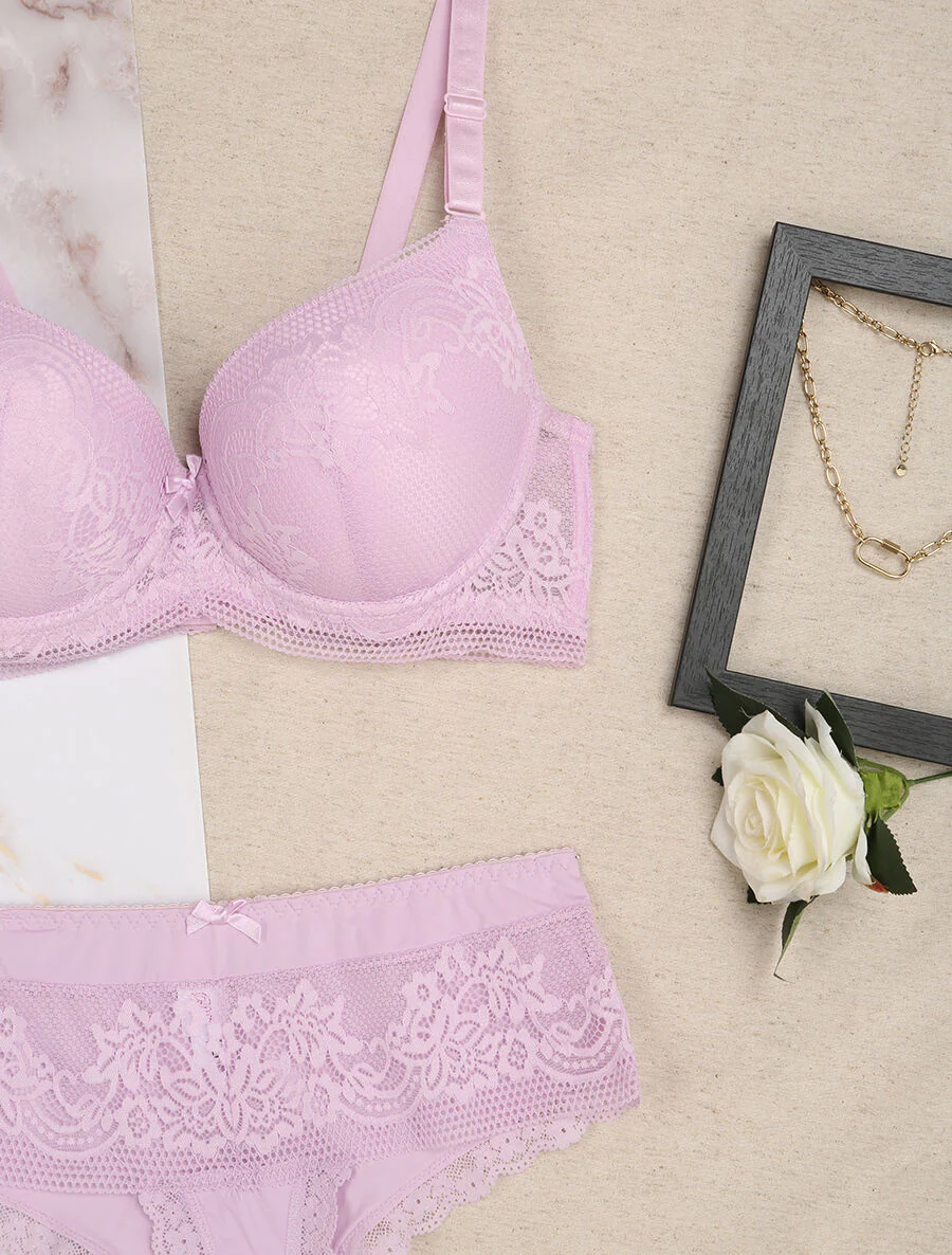 Ensemble grande taille en dentelle fleurie - Lilas - Image 3
