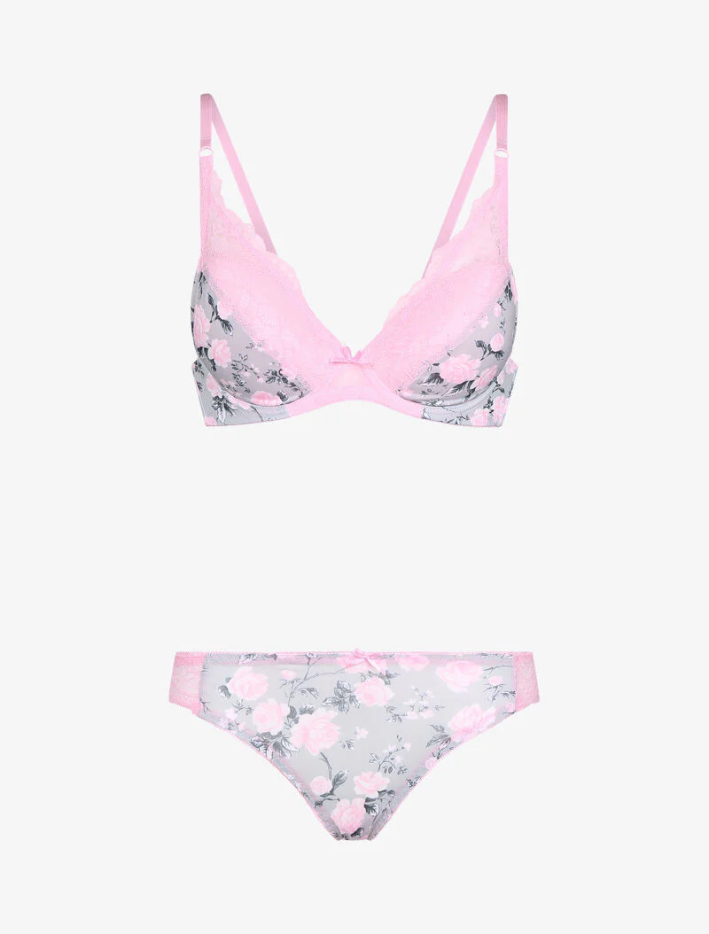 Ensemble imprimé fleurs et dentelle - rose
