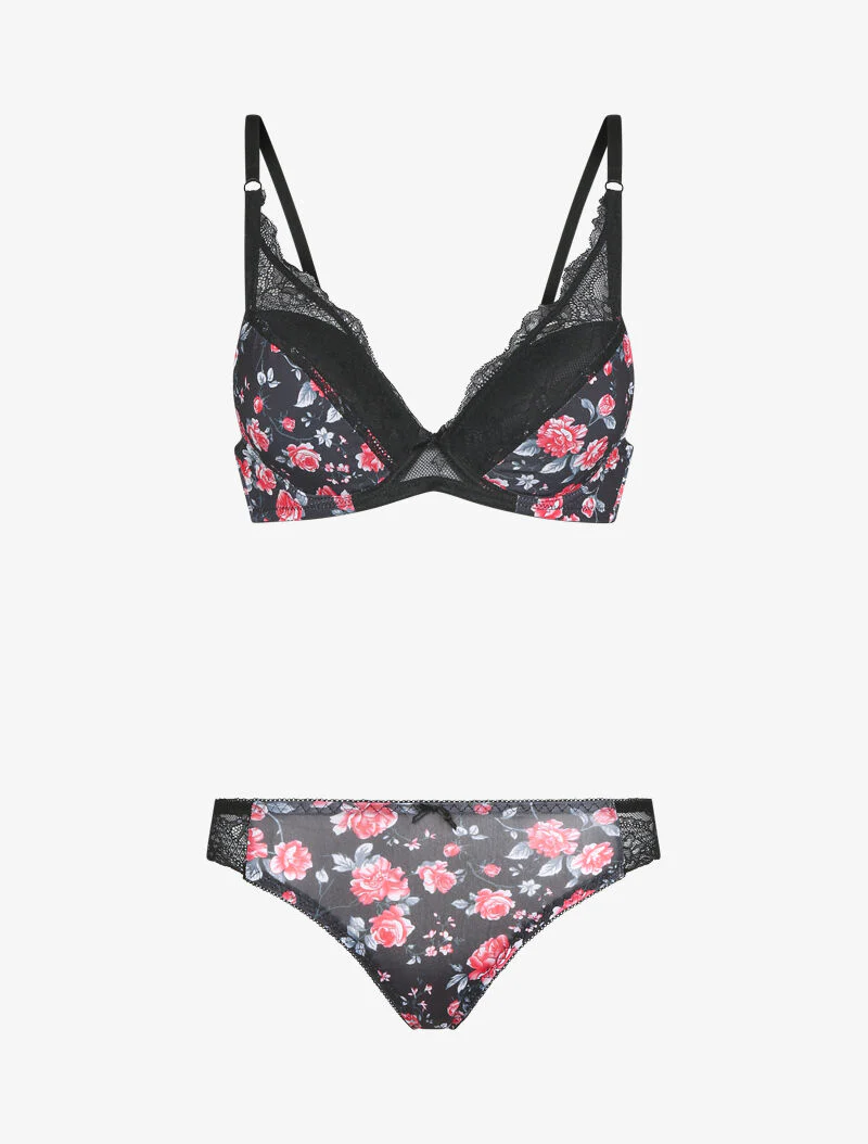 Ensemble imprimé fleurs et dentelle - noir
