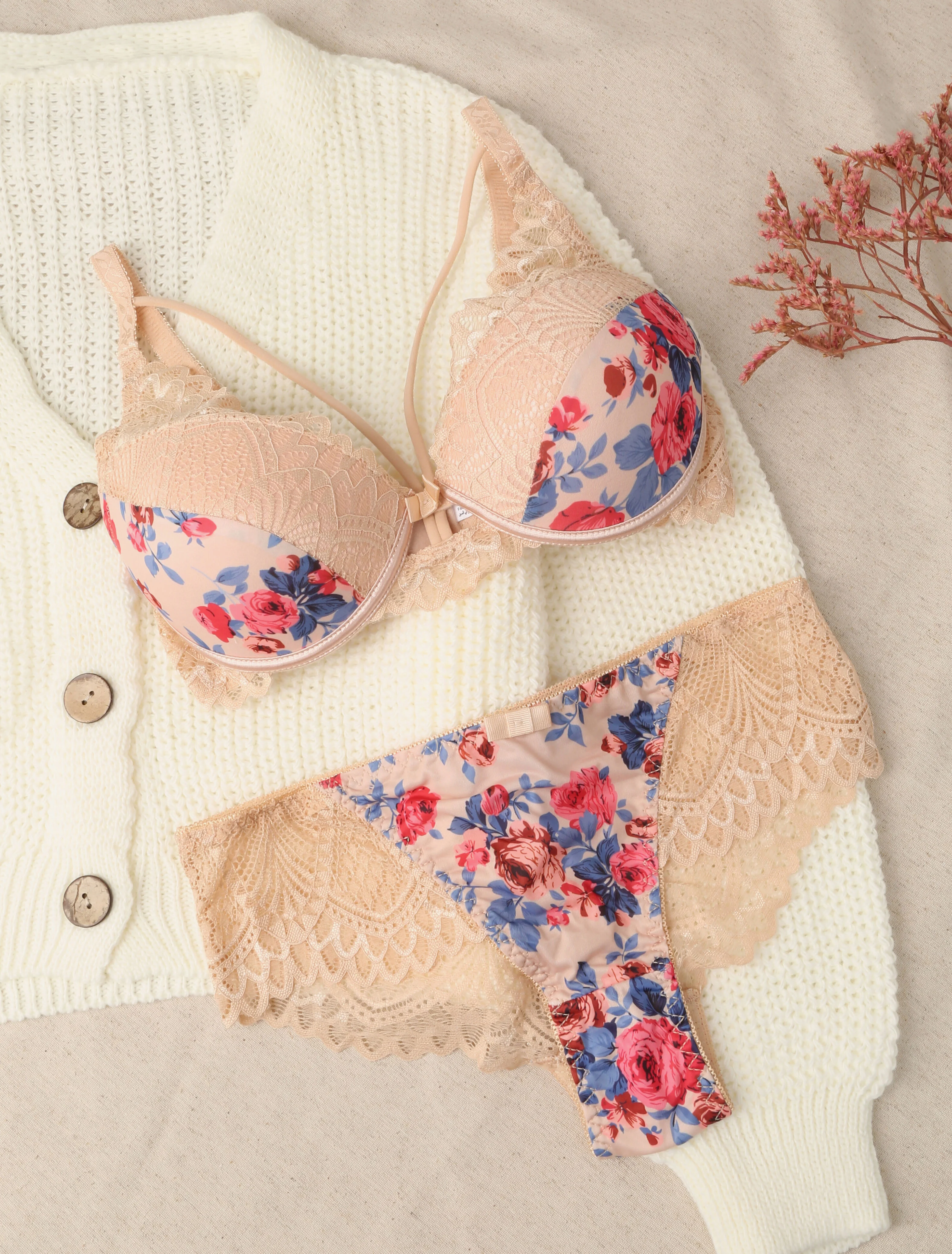 Ensemble imprimé roses et lace out - Nude