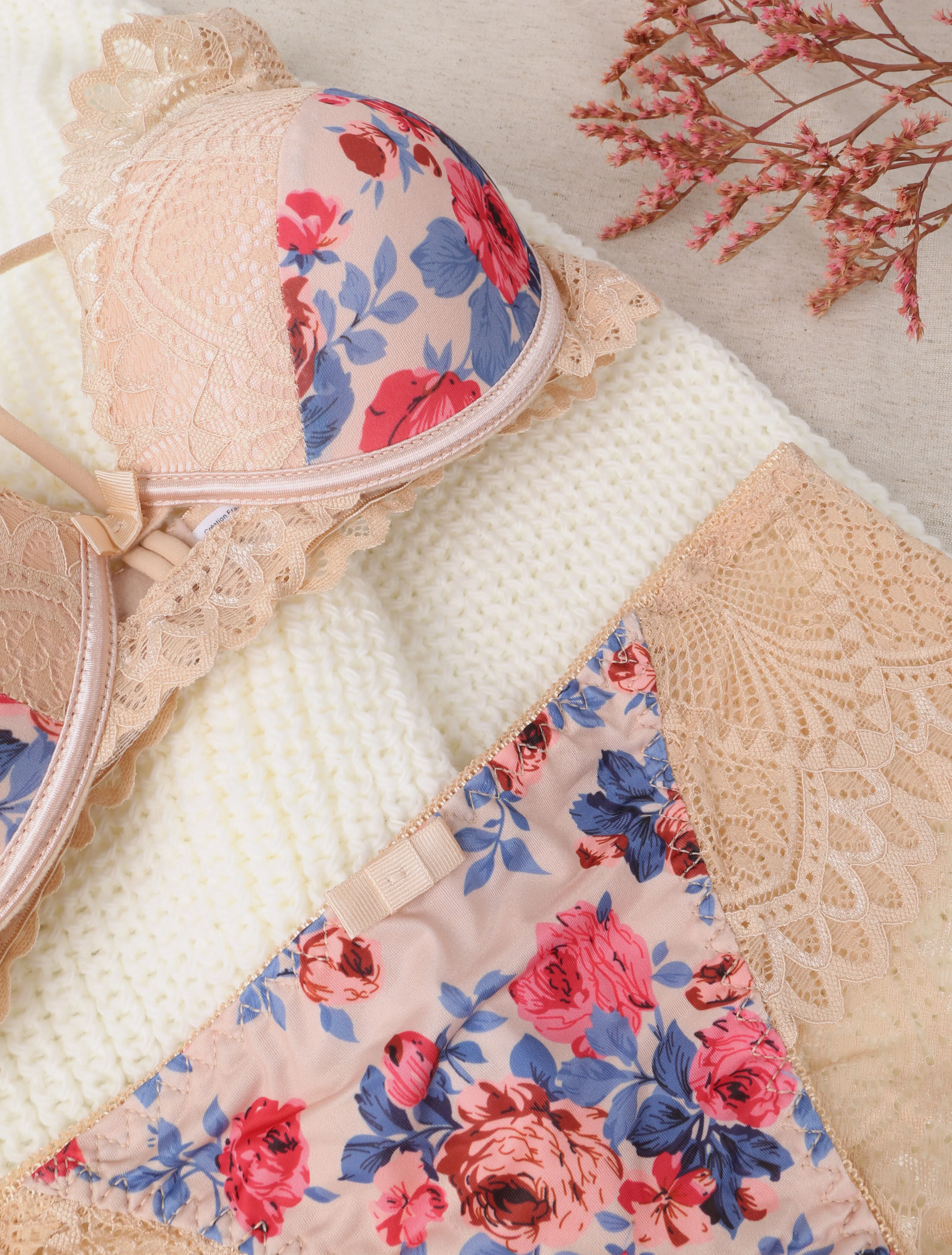 Ensemble imprimé roses et lace out - Nude - Image 3