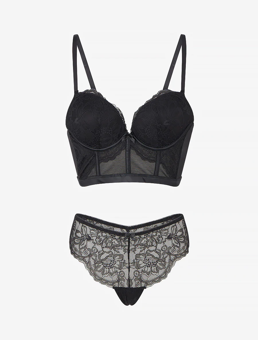 Ensemble lingerie style corset à dentelle fleurie - Noir - Image 2