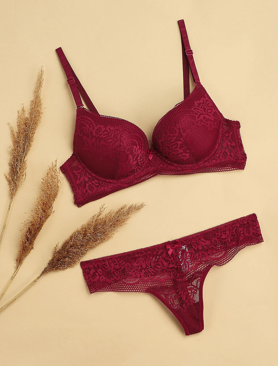 Ensemble push-up à broderie fleurie et string - Prune