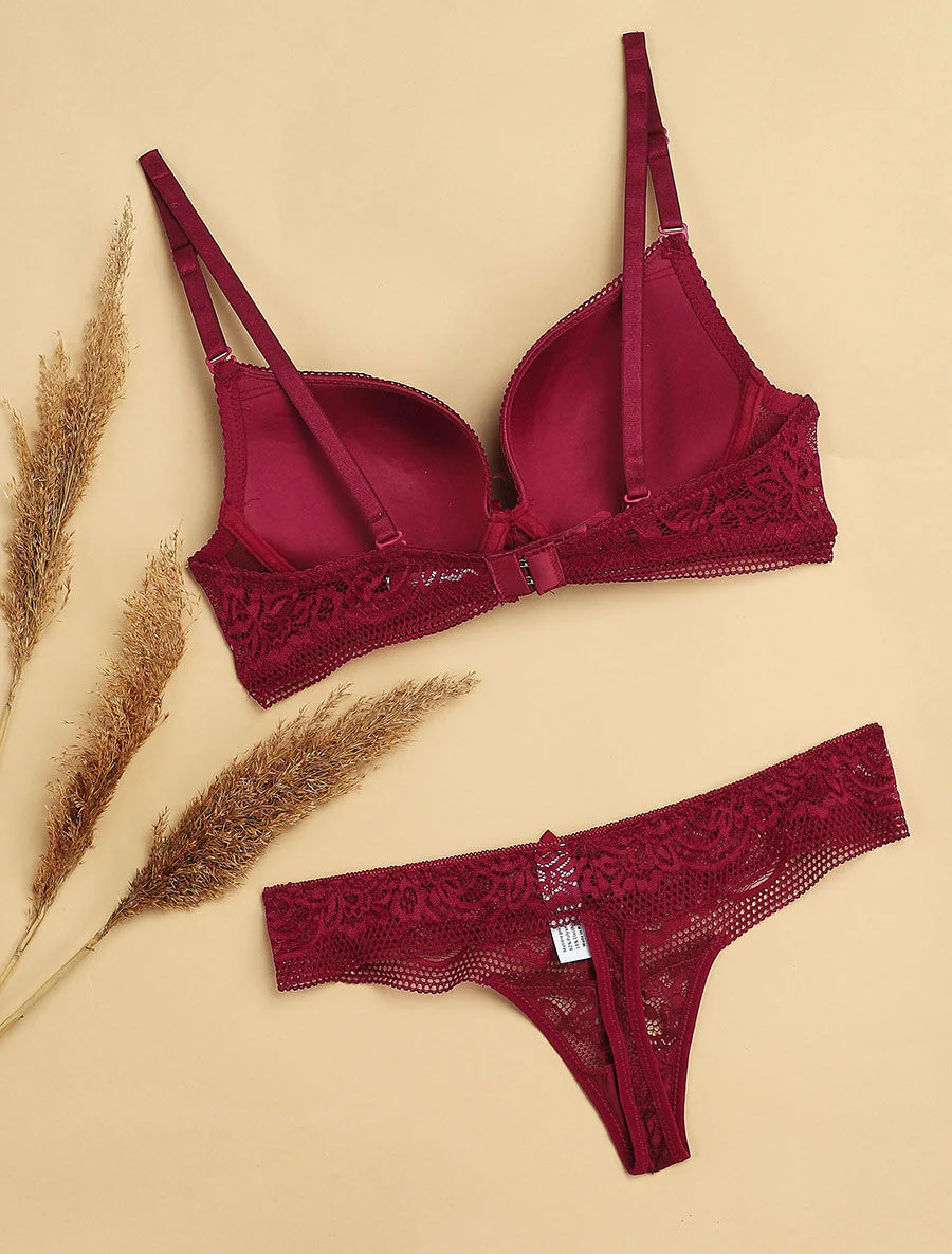 Ensemble push-up à broderie fleurie et string - Prune - Image 2
