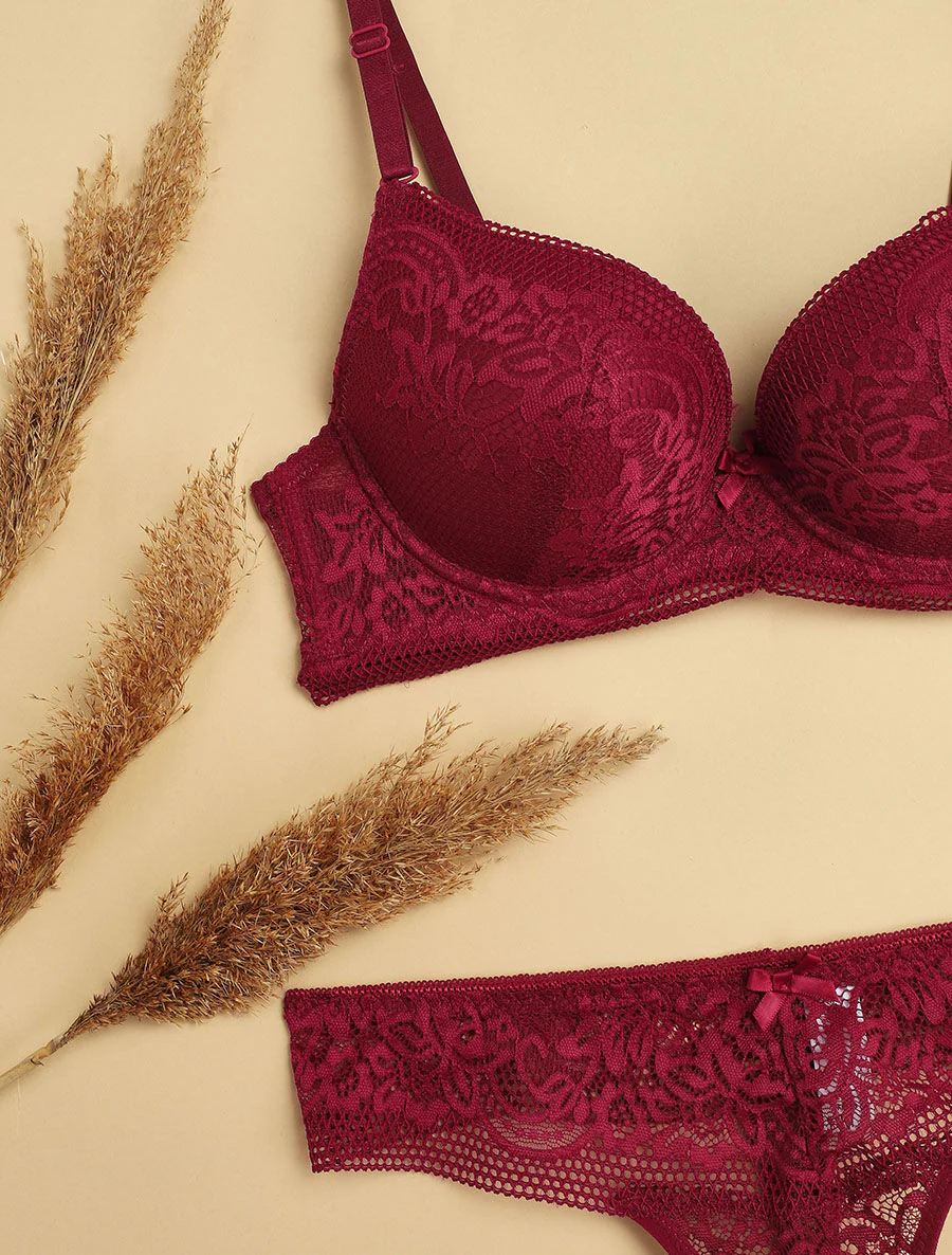 Ensemble push-up à broderie fleurie et string - Prune - Image 3