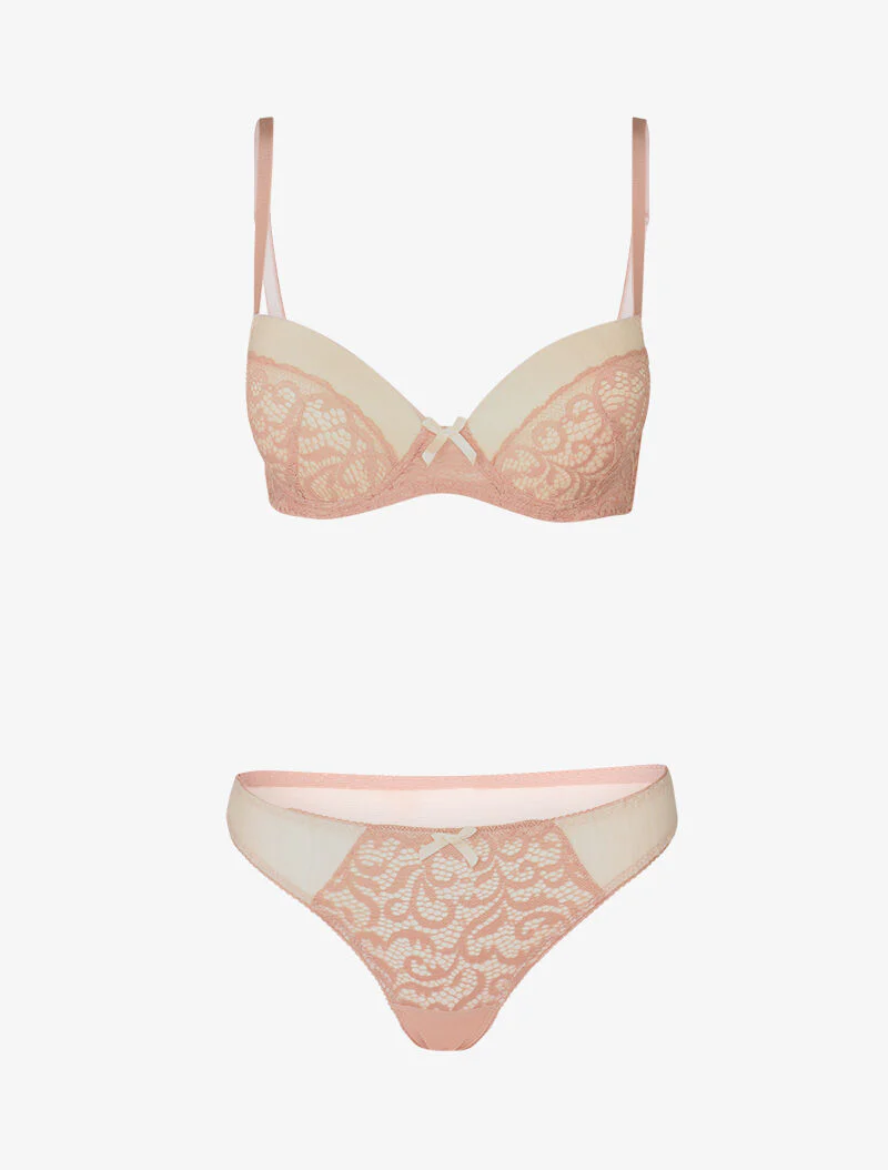 Ensemble push up en dentelle et tulle - rose/beige