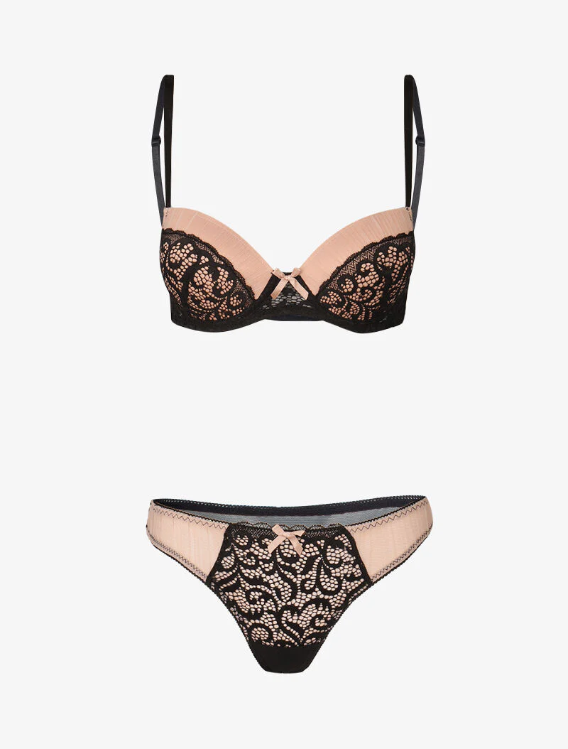 Ensemble push up en dentelle et tulle - noir/vieux rose