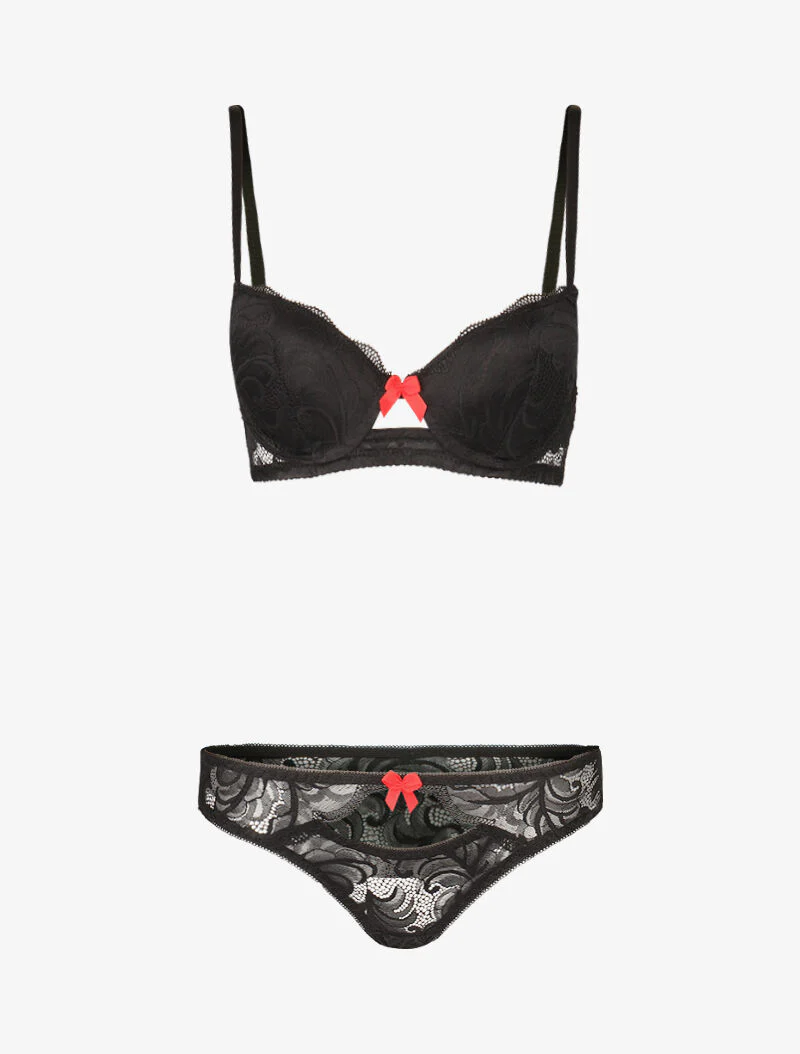 Ensemble push up en dentelle festonnée - noir