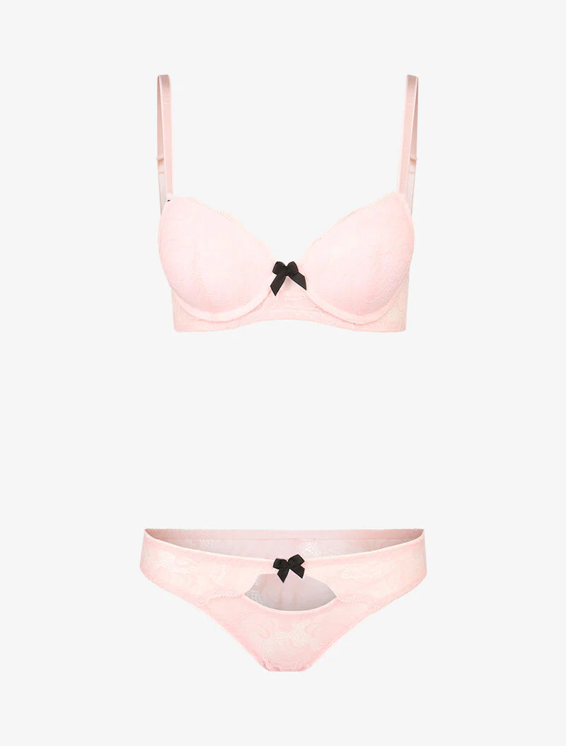 Ensemble push up en dentelle festonnée - rose