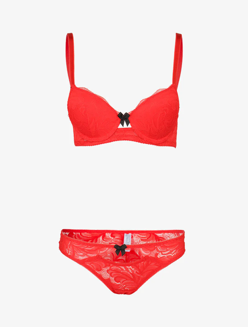 Ensemble push up en dentelle festonnée - rouge