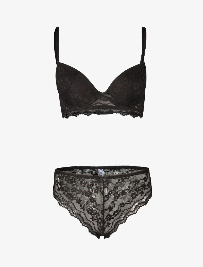 Ensemble push up en dentelle fleurie - noir