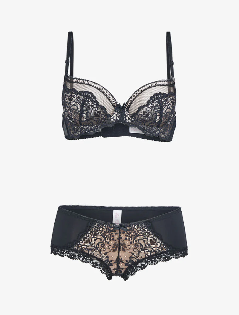 Ensemble push-up en résille et dentelle - beige