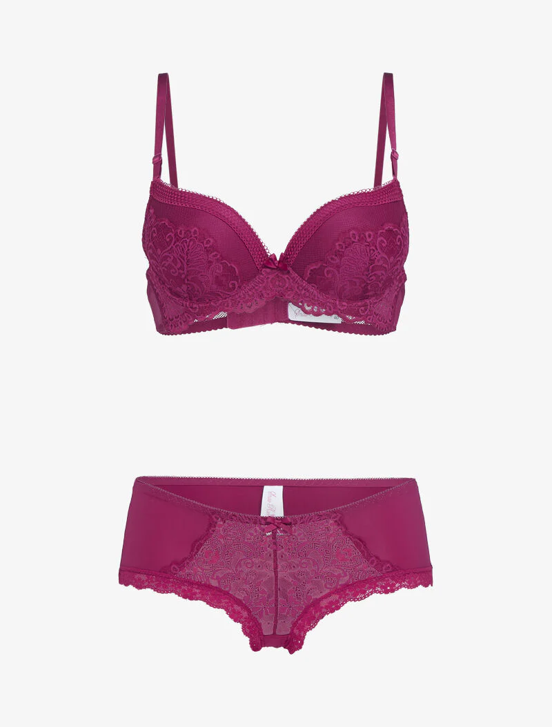 Ensemble push-up en résille et dentelle - bordeaux