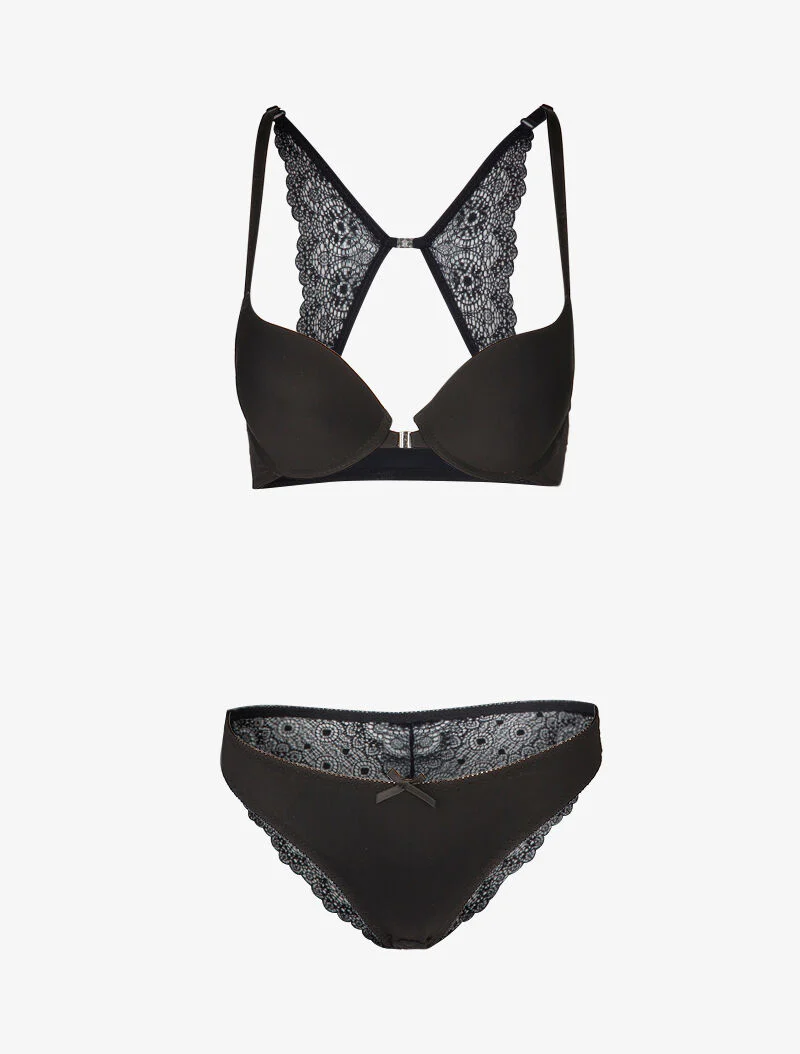 Ensemble push up satiné à fermeture avant - noir
