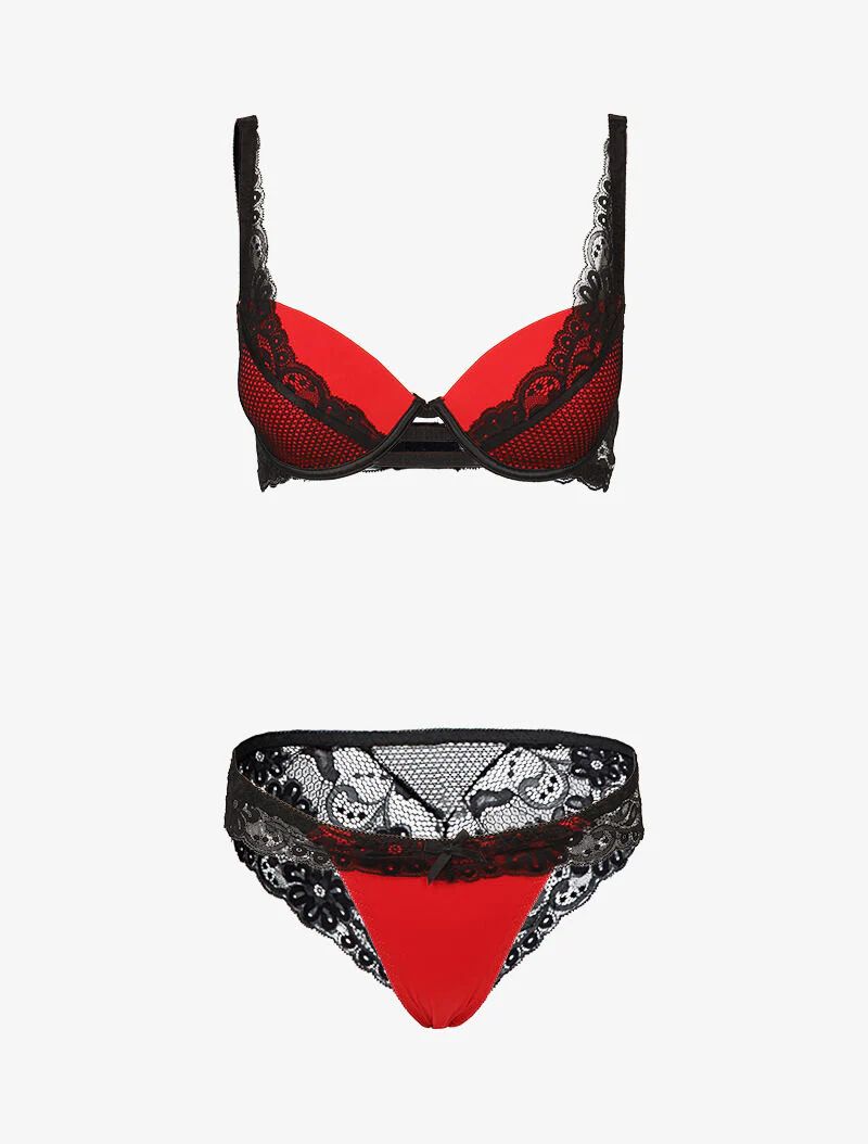 Ensemble satiné à empiècements résille et dentelle - noir/rouge