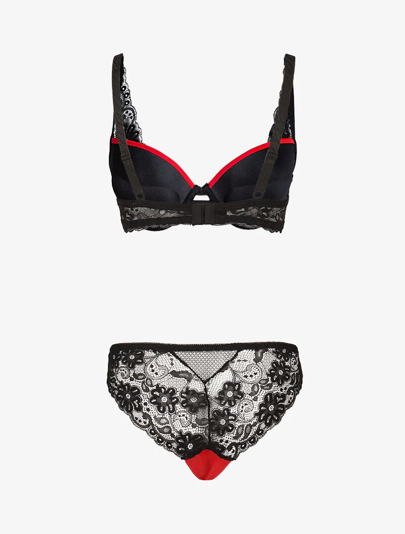 Ensemble satiné à empiècements résille et dentelle - noir/rouge - Image 2
