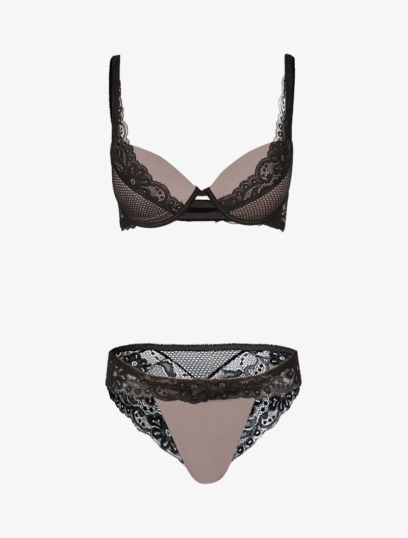 Ensemble satiné à empiècements résille et dentelle - noir/gris foncé