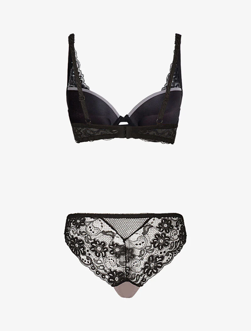 Ensemble satiné à empiècements résille et dentelle - noir/gris foncé - Image 2