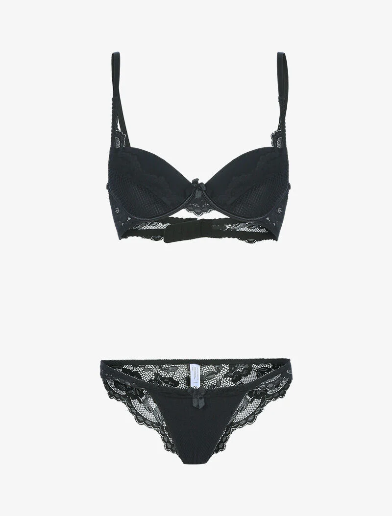 Ensemble satiné avec résille et dentelle - noir