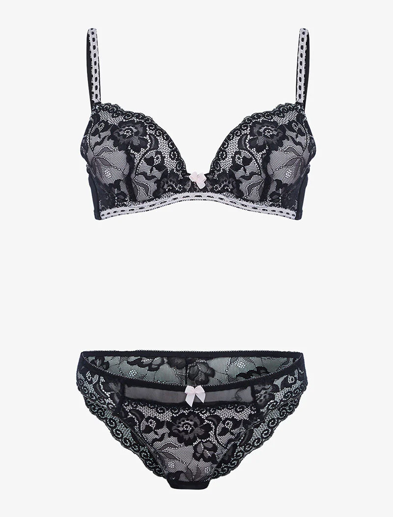 Ensemble satiné et dentelle fleurie - noir/rose poudré