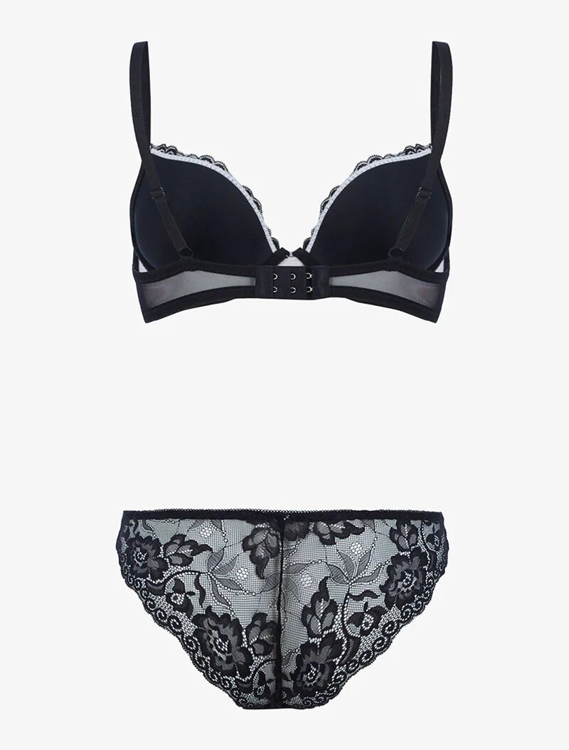 Ensemble satiné et dentelle fleurie - noir/rose poudré - Image 2