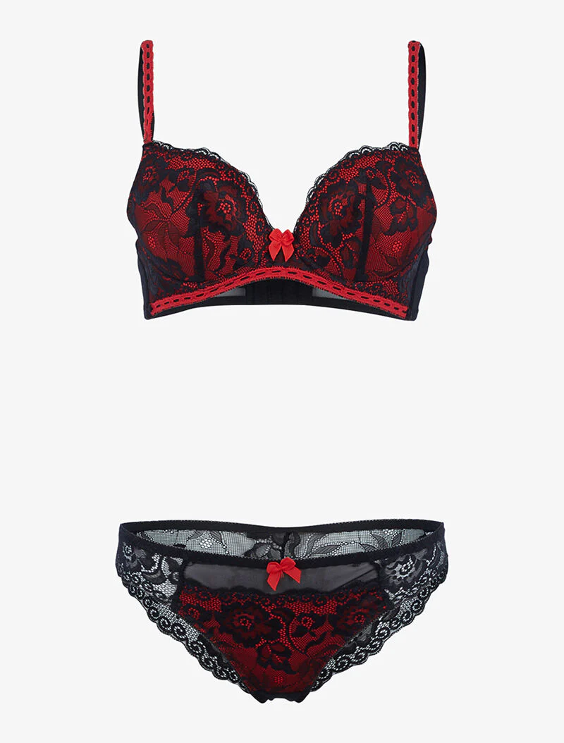 Ensemble satiné et dentelle fleurie - rouge/noir