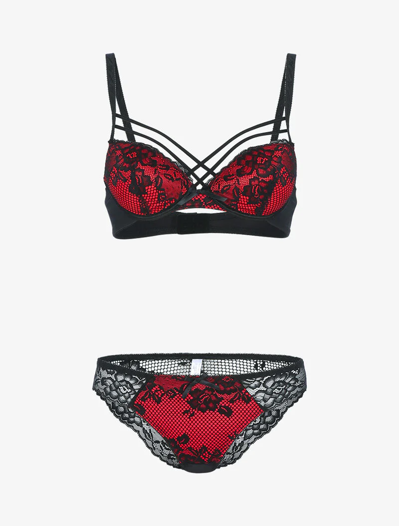 Ensemble satiné et dentelle fleurie - noir/rouge