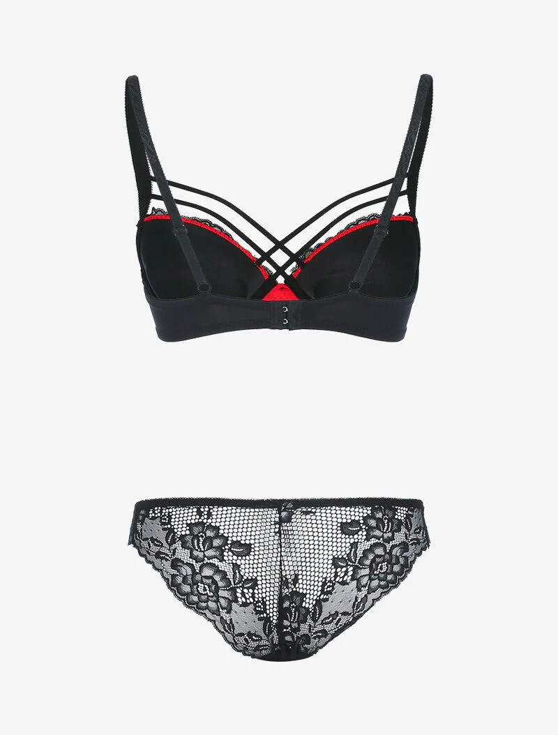 Ensemble satiné et dentelle fleurie - noir/rouge - Image 2