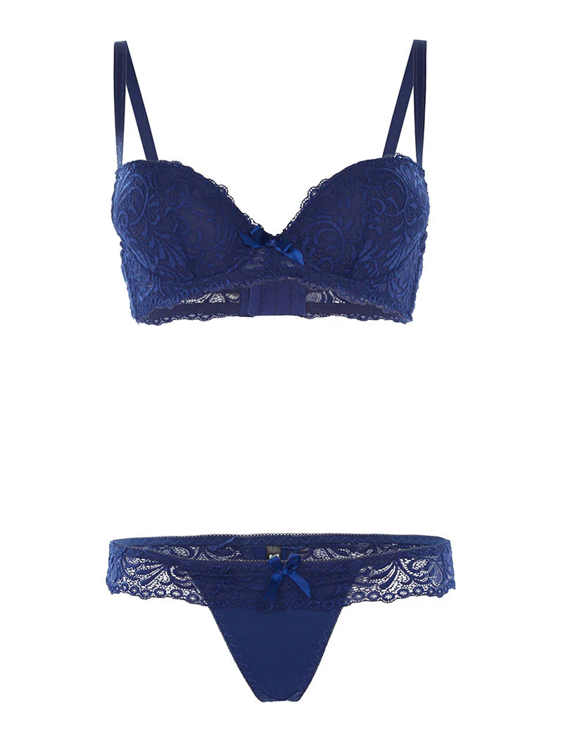 Ensemble SG et string à dentelle - marine